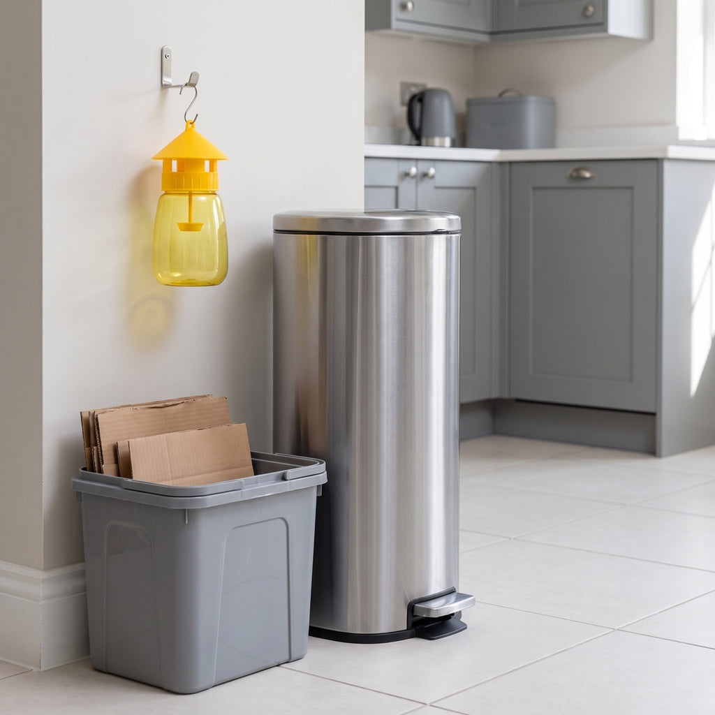 FlyLock Indoor and Outdoor Fruit Fly Trap hung indoors on a kitchen wall beside the bin and the recycling box