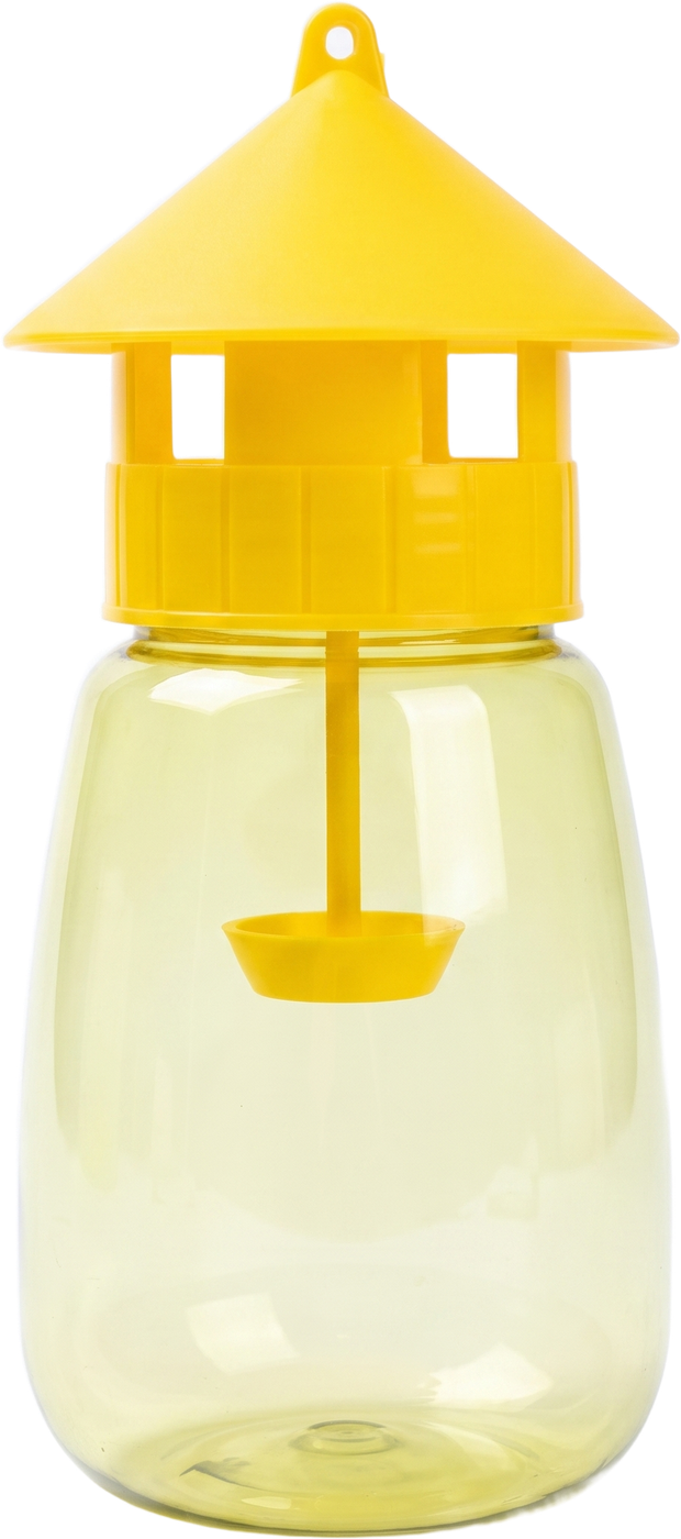 FlyLock Indoor and Outdoor Fruit Fly Trap, the yellow lure trap with a pagoda lid and a translucent chamber