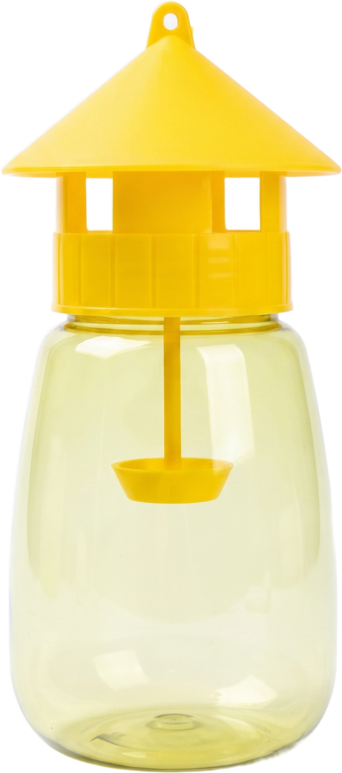 FlyLock Indoor and Outdoor Fruit Fly Trap, the yellow lure trap with a pagoda lid and a translucent chamber