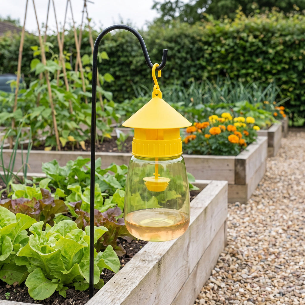 FlyLock Indoor and Outdoor Fruit Fly Trap used outdoors, on a shepherd hook beside a raised vegetable bed
