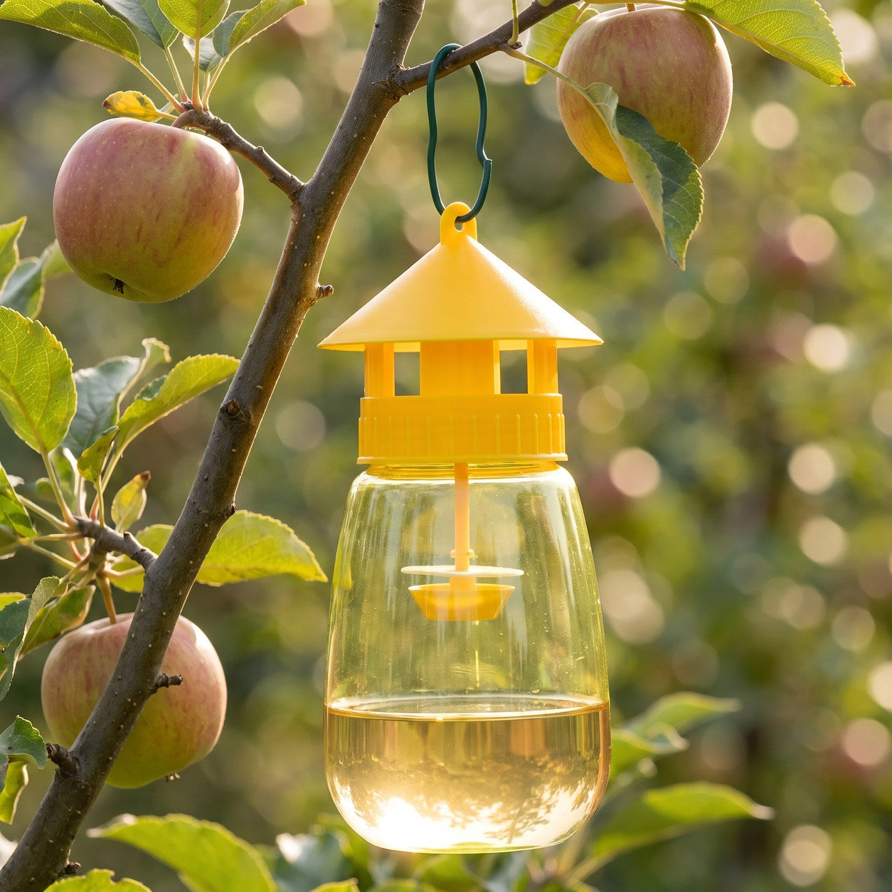 FlyLock Indoor and Outdoor Fruit Fly Trap used outdoors, hung from an apple tree branch with water in the chamber