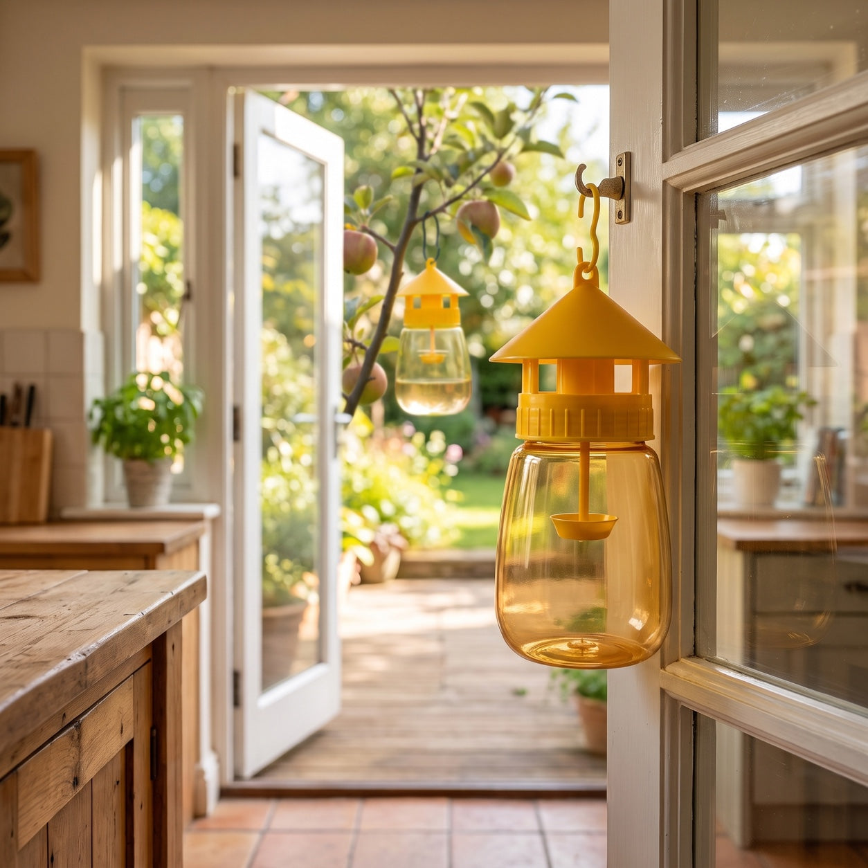 The same FlyLock Indoor and Outdoor Fruit Fly Trap hung by an open kitchen door and again in the fruit tree outside