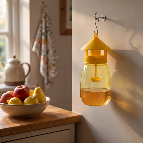 FlyLock Indoor and Outdoor Fruit Fly Trap hung indoors on a kitchen wall hook beside a fruit bowl