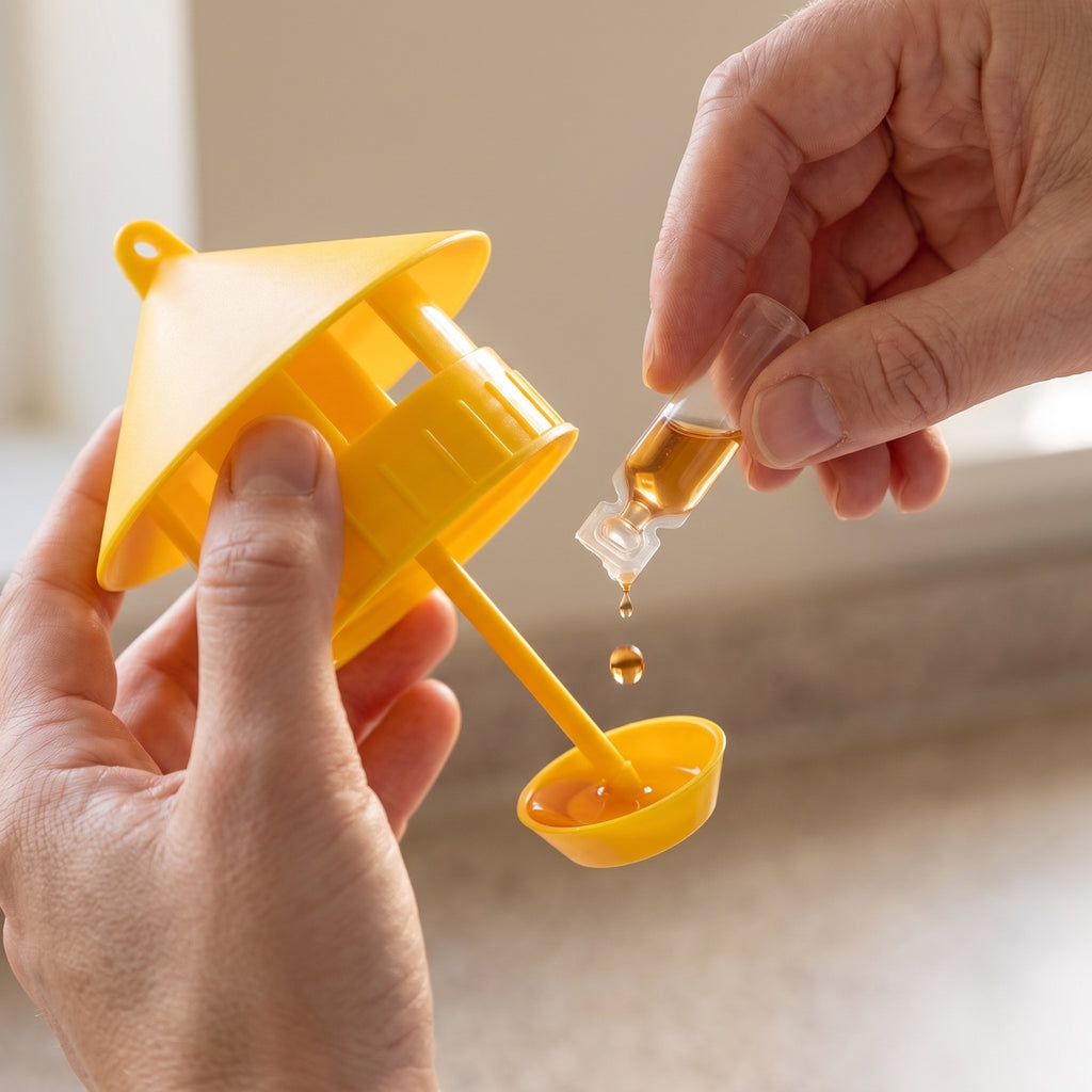 One FlyLock scent lure being emptied into the saucer inside the open trap, held in two hands indoors
