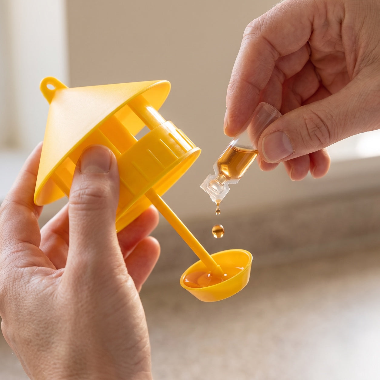 One FlyLock scent lure being emptied into the saucer inside the open trap, held in two hands indoors