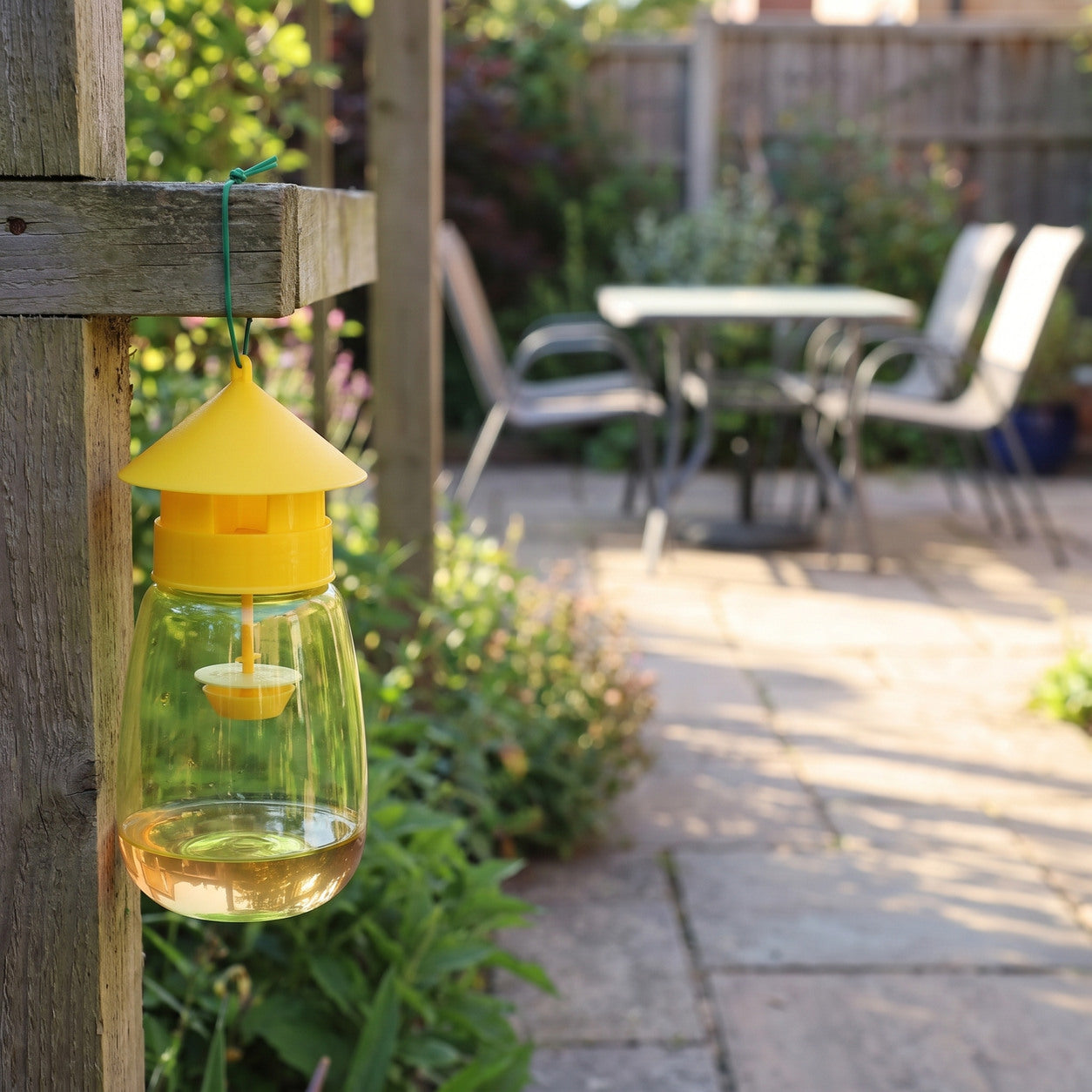 FlyLock Indoor and Outdoor Fruit Fly Trap used outdoors, tied to a wooden pergola post at the edge of a patio