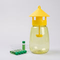 FlyLock Lure Refills for the FlyLock Indoor and Outdoor Fruit Fly Trap, green capped lure vials in a clear tray beside the trap