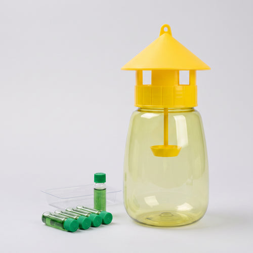 FlyLock Lure Refills for the FlyLock Indoor and Outdoor Fruit Fly Trap, green capped lure vials in a clear tray beside the trap