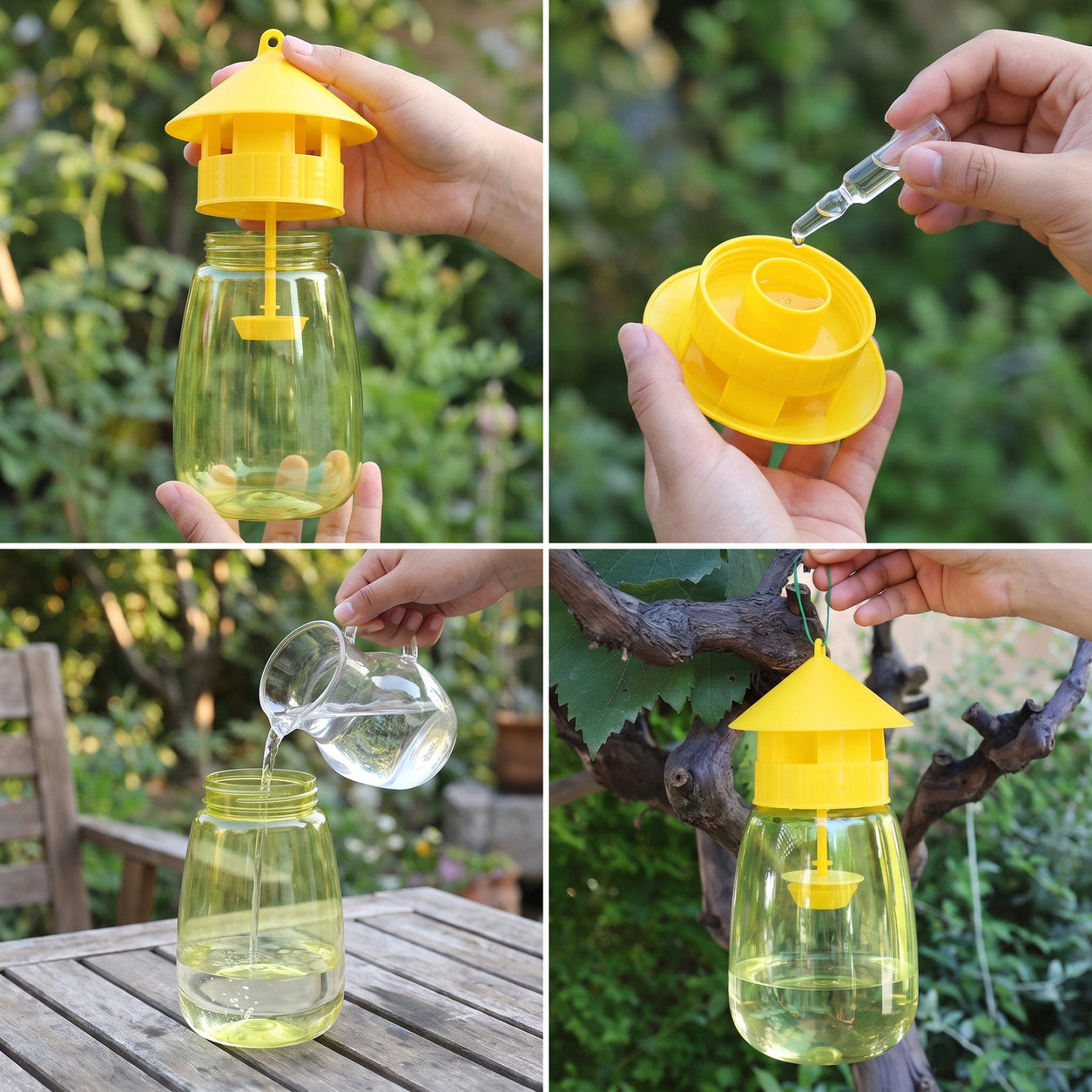 FlyLock four step setup, open the trap, add the lure, add water, then stand it or hang it