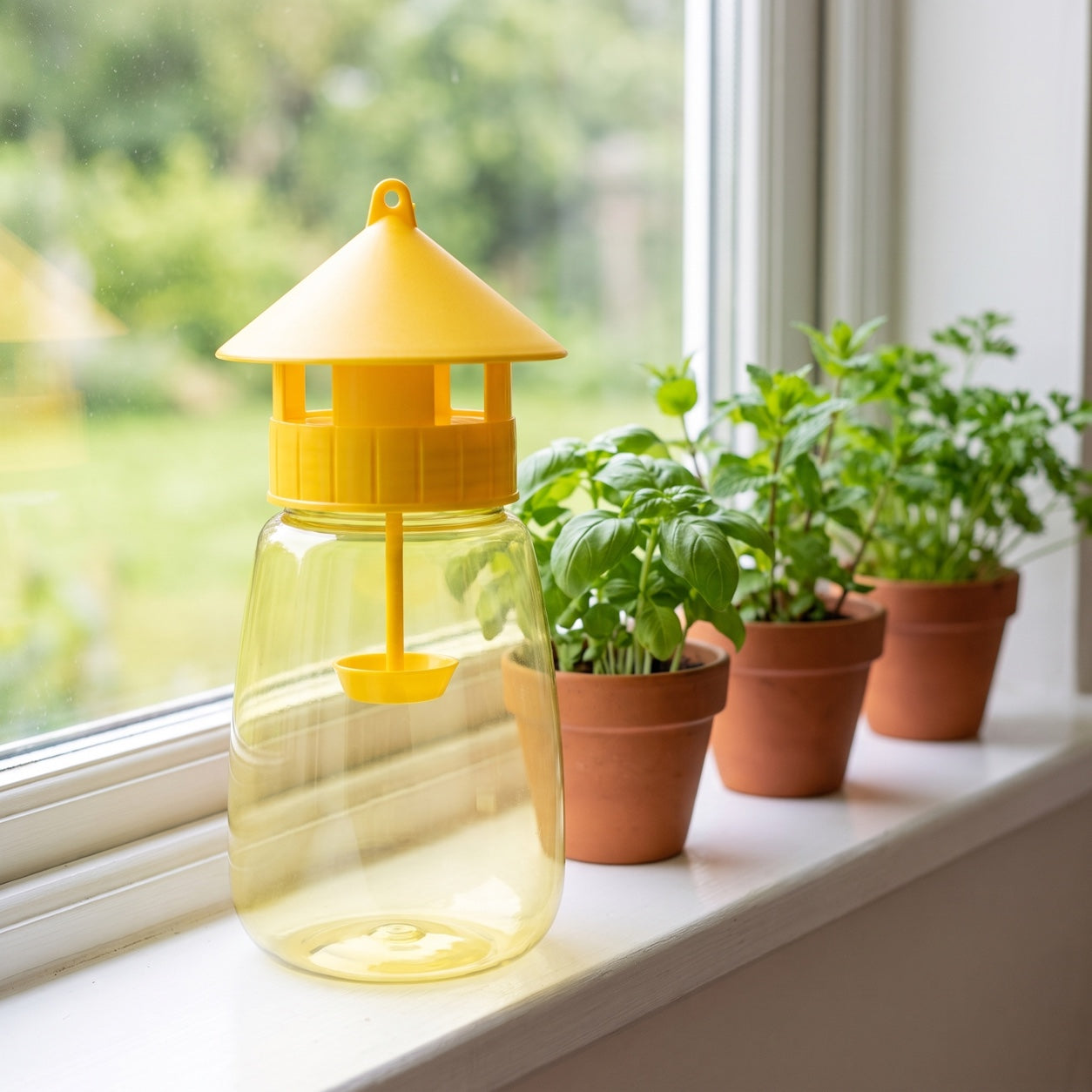 FlyLock Indoor and Outdoor Fruit Fly Trap standing on a kitchen windowsill next to three potted herbs