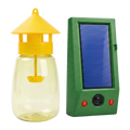 The Fruit Fly Kit, one FlyLock Indoor and Outdoor Fruit Fly Trap and one solar IonAway Yard Guardian stake side by side