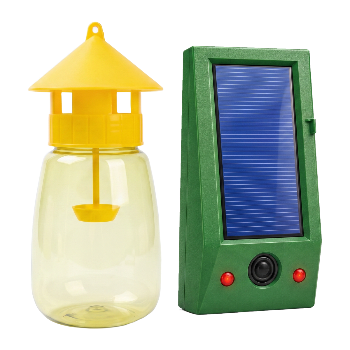 The Fruit Fly Kit, one FlyLock Indoor and Outdoor Fruit Fly Trap and one solar IonAway Yard Guardian stake side by side